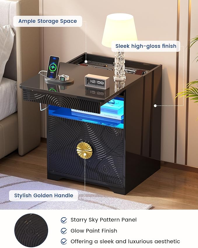 Nightstands Set of 2 with Gun Drawer, Bedside Table with 3-Color LED Lights & - Image 8