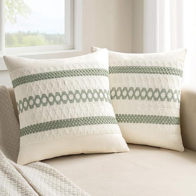 MIULEE Set of 2 Sage Green Boho Decorative Pillow Covers 20x20 Inch | Farmhouse by MIULEE