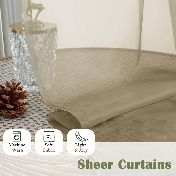 Taupe Sheer Curtains 120 Inches Long 2 Panels Set, Rod Pockets Light Filtering - Image 8