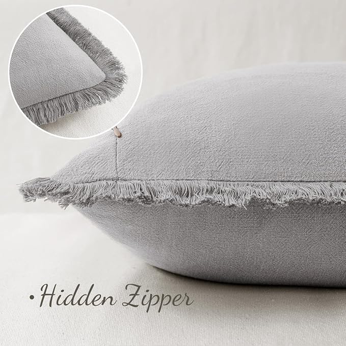 MIULEE Boho Linen Fringe Decorative Throw Pillow Covers Light Grey 20x20 | Set - Image 3