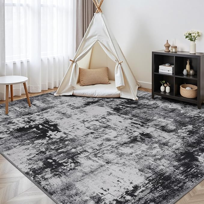 Rugflix 5x7 Area Rugs for Living Room, Washable Black Grey Dark Large Rug | - Image 8