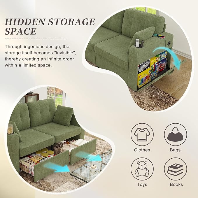 67" Small Loveseat Couch with Storage, USB Charging and Cup Holder, Space - Image 4