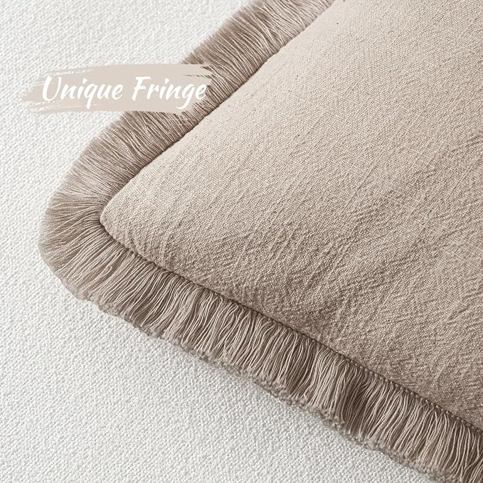 MIULEE Boho Natural Linen Fringe Decorative Throw Pillow Covers 18x18 | Set of 2 - Image 3