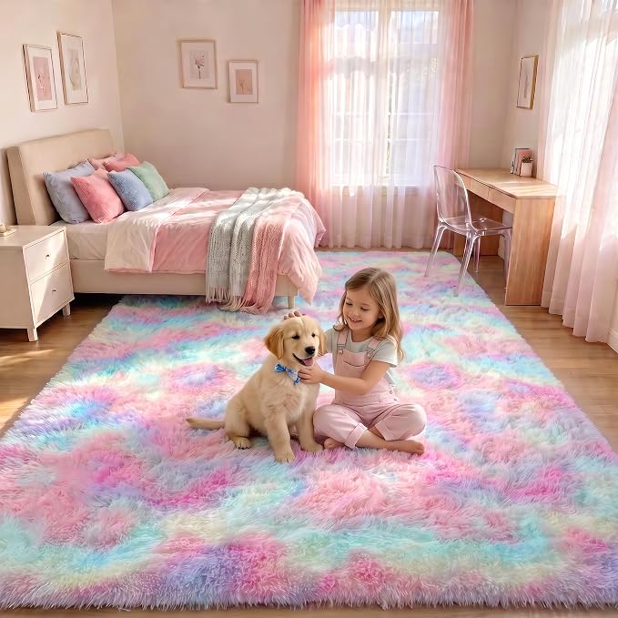 Rainbow Area Rugs for Girls Bedroom, 4x6 Fluffy Bedside Colorful Rug, Cute Soft - Image 3