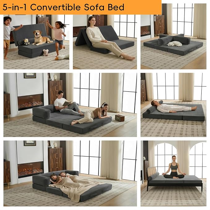 5-in-1 Convertible Sofa Bed, Corduroy Futon Couch Sleeper - Image 3