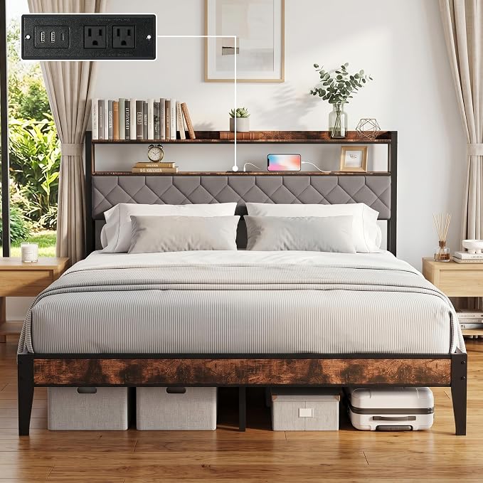 King Size Bed Frame with Charging Station, King Bed Frame with Upholstered by BOVONO