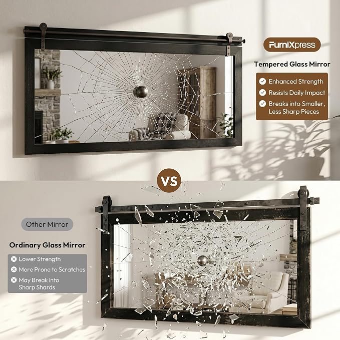 27"x49" Large Black Barn Door Mirror, Solid Wood Framed Accent Wall Mirror - Image 5