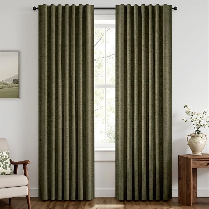 MIULEE 100% Blackout Linen Curtains 42 x 90 Inch Light Olive Green 2 Panels | by MIULEE