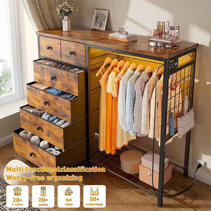 EnHomee 49.2" W Dresser with Hanging Rack & 6 Fabric Drawers – Wooden Top - Image 3