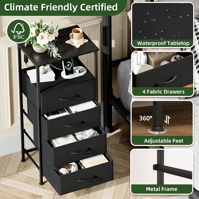 Somdot Black Nightstand with Charging Station and LED Light - Image 6