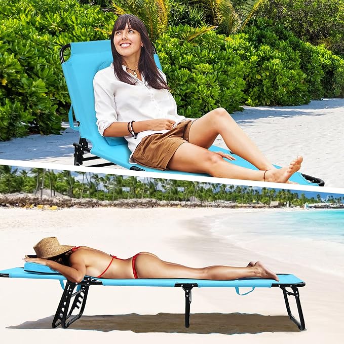 Folding Beach Lounge Chair w/ 5 Adjutable Backrest & Padded Pillow, Sunbathing - Image 3