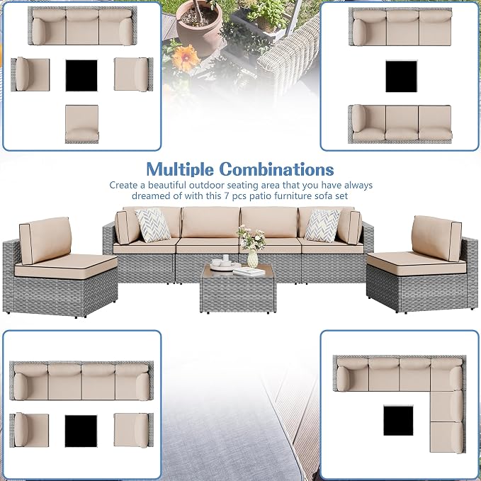 Shintenchi 7 Pieces Outdoor Patio Furniture Sets, Patio Sectional Sofa Couch - Image 4