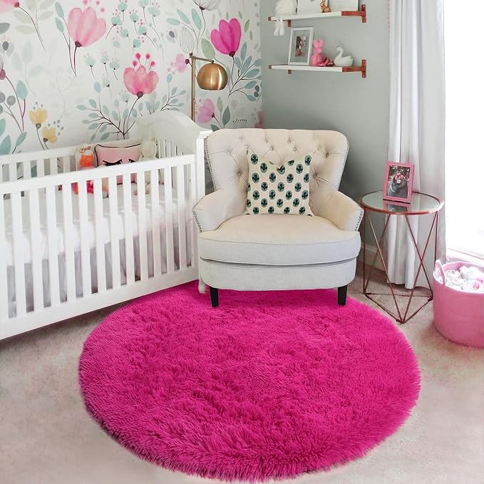 Amdrebio Hot Pink Fluffy Large Round Rug 6Ft - Image 6