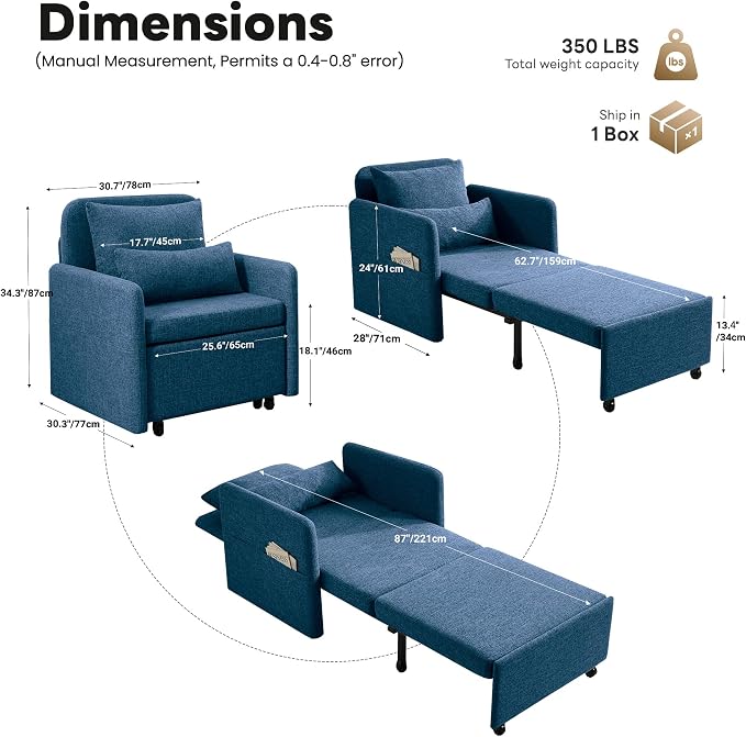 Iroomy 5-Level Adjustable Convertible Sleeper Chair, 3-in-1 Pull Out Sofa Bed - Image 3