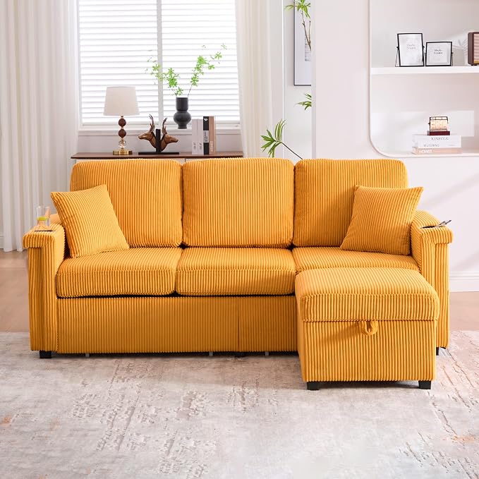 L-Shaped Sectional Sofa with Storage & Movable Ottoman, Corduroy 3 Seater - Image 3
