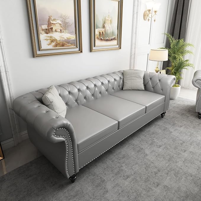 Mid-Century 3 Seater Sofa, Faux Leather Couch - Image 7