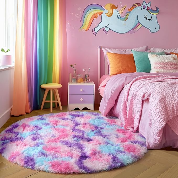 Amdrebio Pink Blue Purple Small Round Circle Rug 3Ft - Image 5