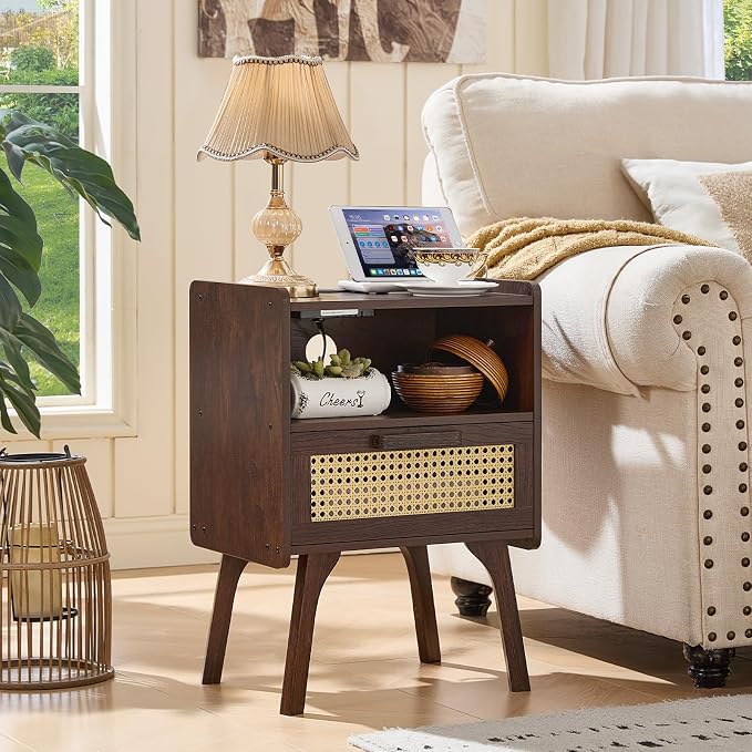 Lerliuo Rattan Nightstand with Charging Station, Walnut Bedside Table with - Image 9