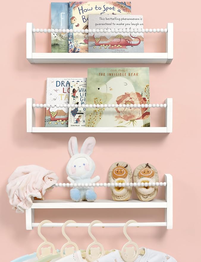 Maxpeuvon Nursery Bookshelves Set of 3, Natural Wood Nursery Floating Shelves by Maxpeuvon