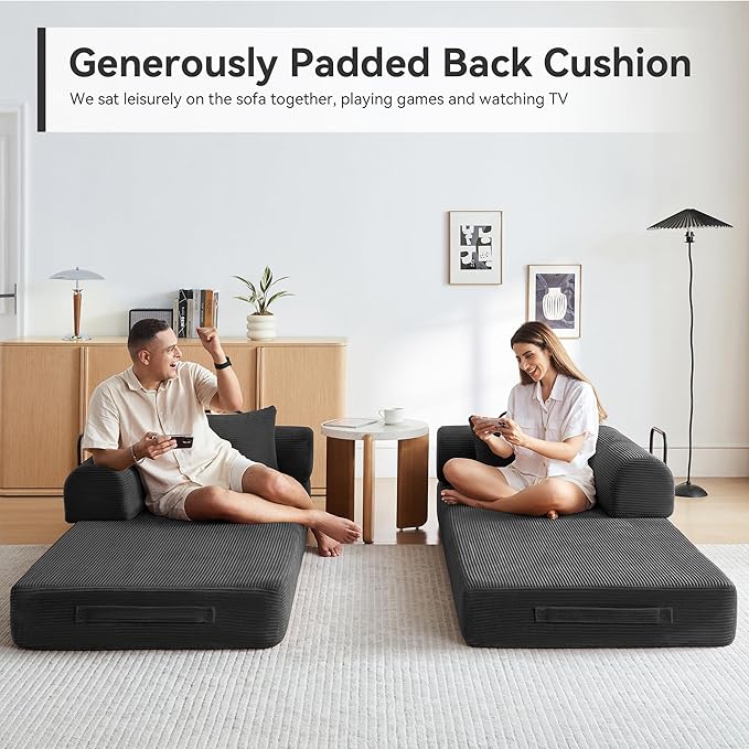Convertible Sleeper Bed with 2 Cylindrical Pillow, Comfy Foldable Bed - Image 4