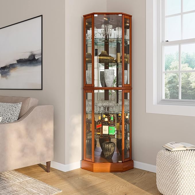 BELLEZE Lighted Curio Cabinet Corner Display Case - Image 4
