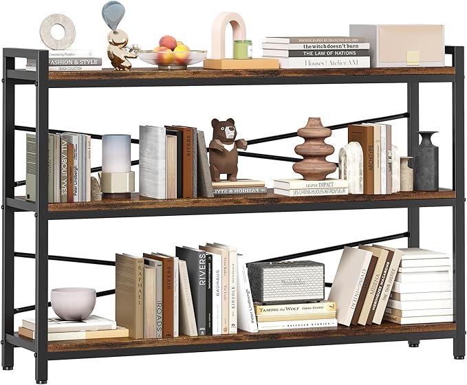 3 Tier Bookcase 47.24" Width, Long Industrial Book Shelf, Vintage Wooden Large by Homeiju