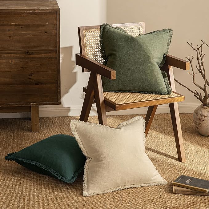 MIULEE Boho Linen Fringe Decorative Throw Pillow Covers Olive Green 18x18 | Set - Image 4
