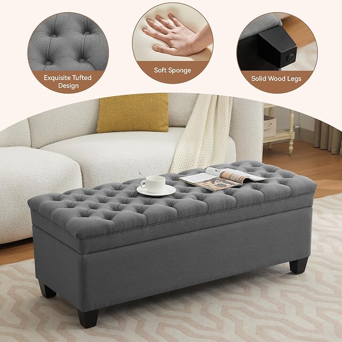 WUTUTUEE 51" Fabric Storage Ottoman Bench, Upholstered Rectangle End of Bed - Image 4