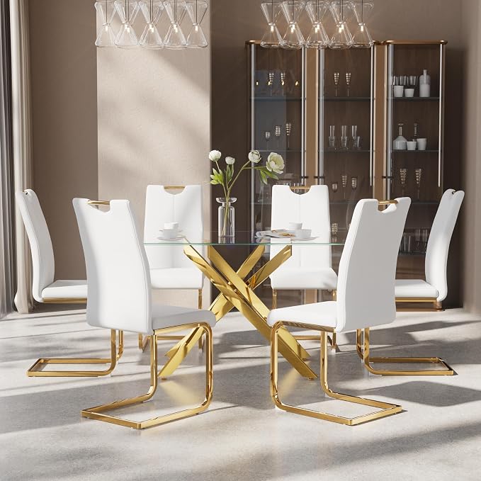 7-Piece Dining Table Set for 6, Modern Rectangular Glass Table - Image 3