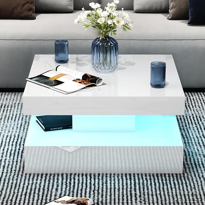 HedoAjim LED Coffee Table for Living Room, Living Room Table 2-Tier Square - Image 7