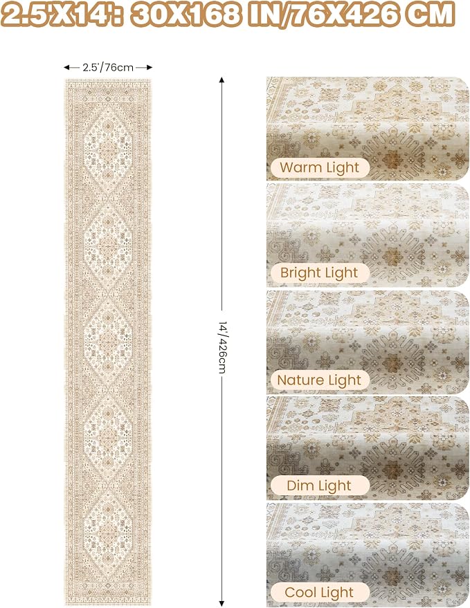 Washable Runner Rug 2.5x14, Long Kitchen Rugs Non-Slip, Cream/Beige | Vintage - Image 2