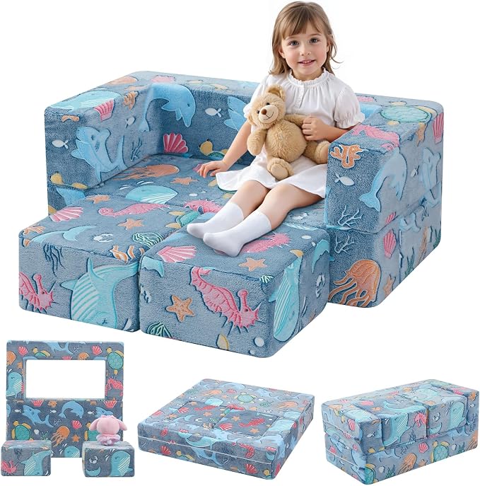 MeMoreCool Mermaid Glow-in-the-Dark Kids Play Couch, Denim Mermaid Modular by MeMoreCool