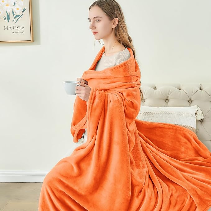 BEDELITE Fleece Blanket Soft Fall Queen Size Bed Blanket Orange 90"x90" | Ultra - Image 8