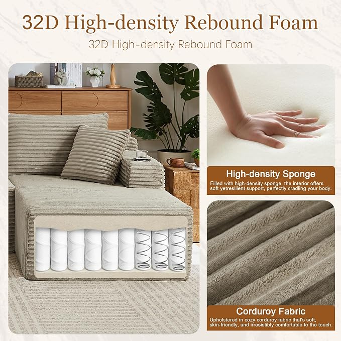 134 Inch Modular Sectional Sleeper Sofa, Boneless Cloud Couch - Image 3
