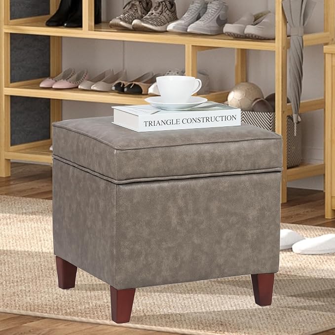 Adeco 17.5" Square Storage Ottoman, Faux Leather Flip Top Footstool & Coffee - Image 8
