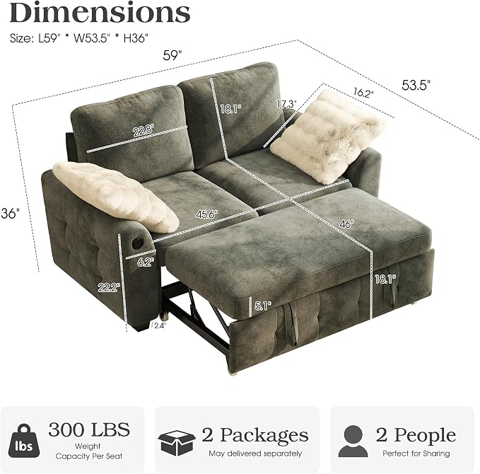 Ihanherry 59-inch Convertible Sofa Bed, Pull Out Sleeper - Image 2