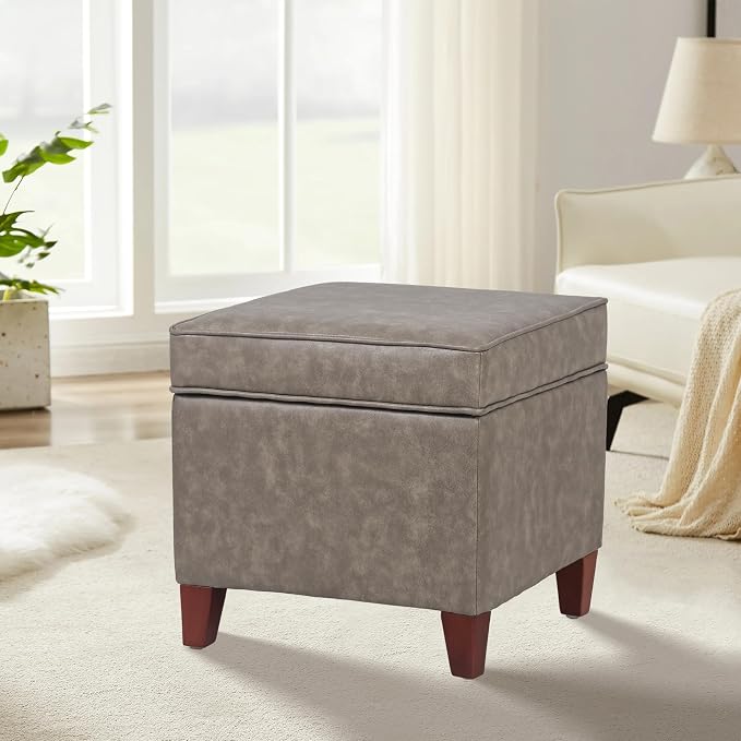 Adeco 17.5" Square Storage Ottoman, Faux Leather Flip Top Footstool & Coffee - Image 3