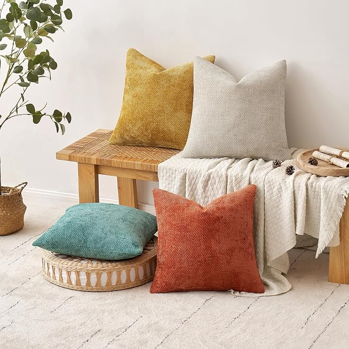 MIULEE Decorative Chenille Fall Pillow Covers Orange Teal 18x18 Pack of 4 | - Image 5