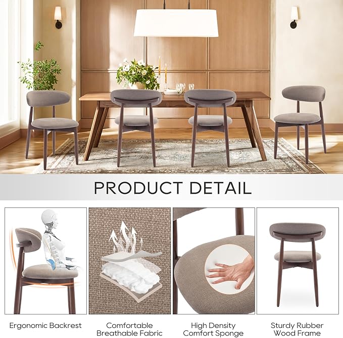 COLAMY Wooden Dining Chairs Set of 6, Modern Fabric Upholstered Kitchen Side - Image 5