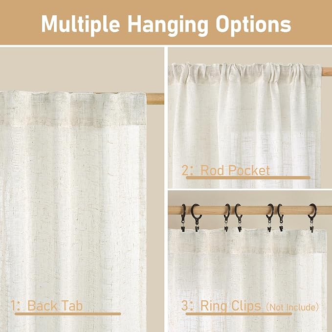 48 Inch Short Window Linen Curtains 2 Panels, 34 x 48 Inch | Light Filtering - Image 3