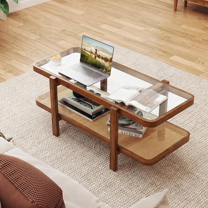 Giantex Rattan Coffee Table, 47.5" Rectangle Solid Wood Tea Table w/Tempered - Image 8