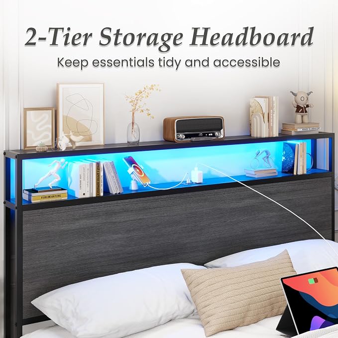 Lifezone Full Bed Frame with 2-Tier Storage Headboard, Metal Bed Frame with - Image 7