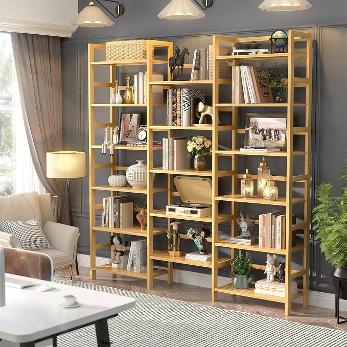 Homykic Bamboo Bookshelf, 71” Tall Triple Wide Bookcase - Image 2