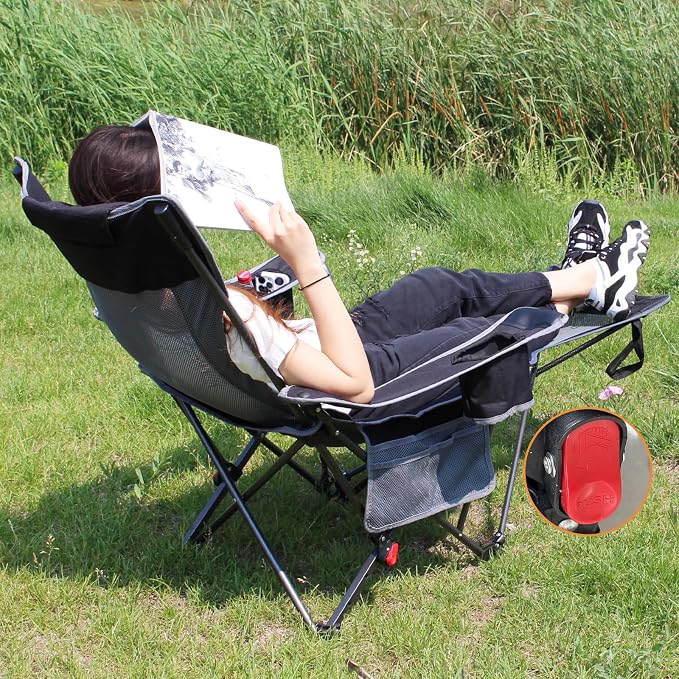 Reclining Camping Chair with Removable Footrest Lounge Chair with Headrest - Image 2
