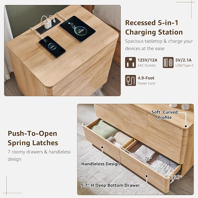 ACCOHOHO 3 Piece Bedroom Furniture Set, 7 Drawer Dresser & Two 22" Nightstands - Image 5