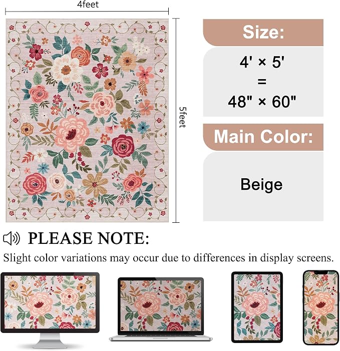 DUKINO 4x5 Area Rug for Entryway, Soft Floral Washable Rug Non Slip, - Image 2