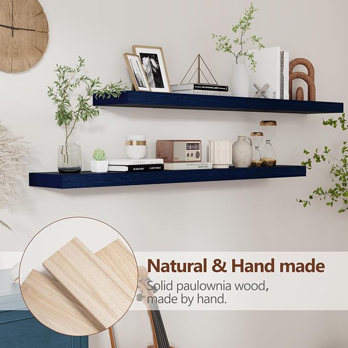 fuqing Dark Blue Floating Shelves 48 Inch, Solid Wooden Wall Shelves Set of 2 - Image 3