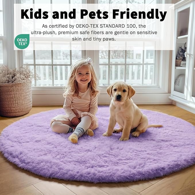 Light Purple Round Rug 4ft, Fluffy Soft Circle Area Rugs - Image 3