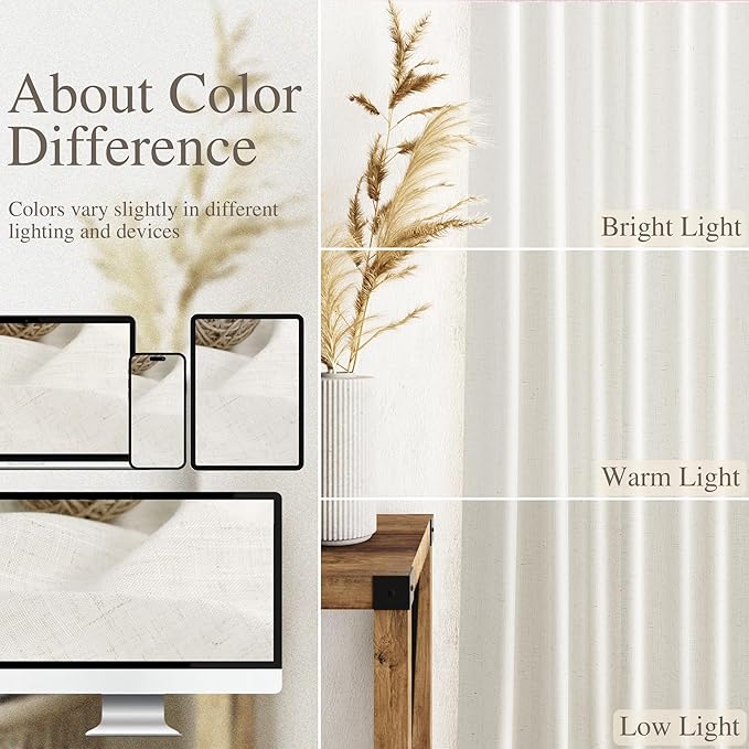 Beige White Linen Curtains 84 Inch Length 2 Panels Set - Image 3