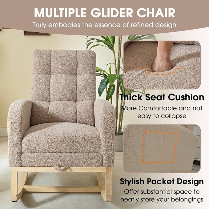 NIOIIKIT Modern Nursery Rocking Chair, Teddy Upholstered Rocking Chair - Image 7